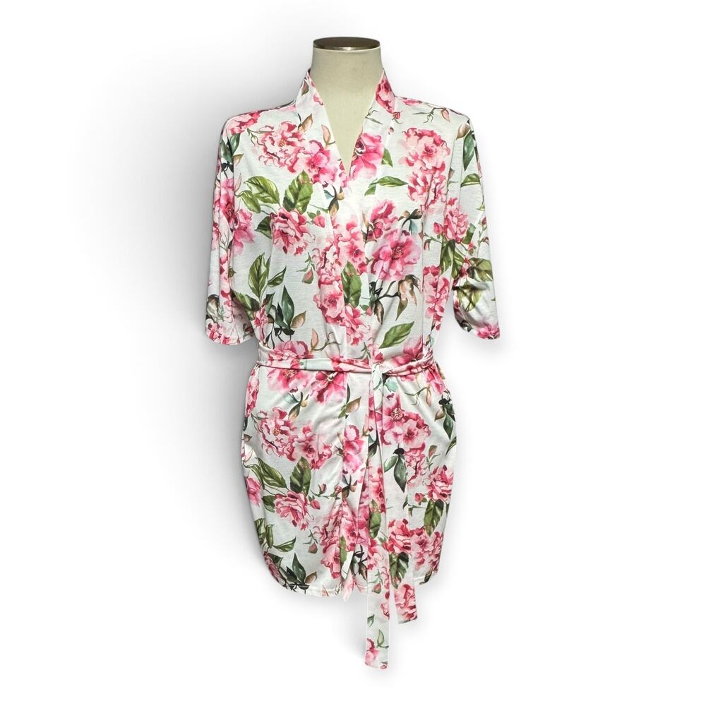 Show Me Your Mumu Brie Short Sleeve Robe White Pink Floral O/S One Size OSFM